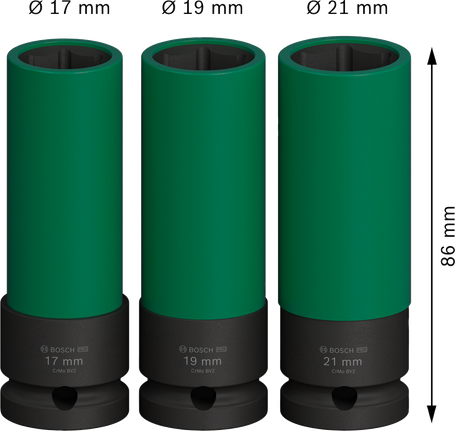 Jogo de soquetes de impacto Bosch PRO extra profundos de 1/2" 3 peças.